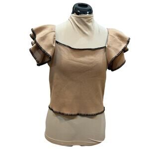 Pants Store Knit Camel Ruffle Sleeve Whipstitch Trim Women’s Top Size Small